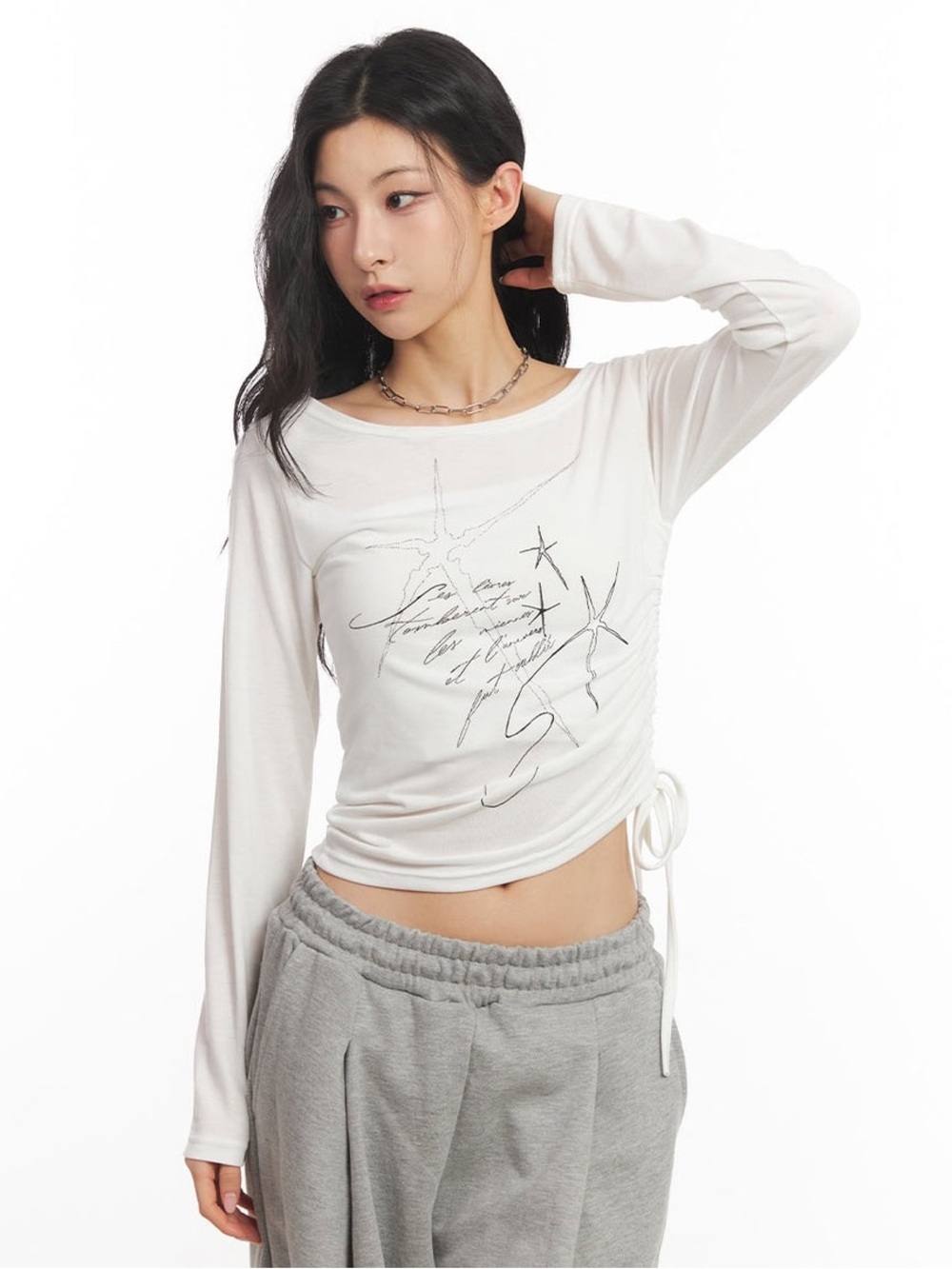 Lewkin Women's White Long Sleeve Graphic Print Ruched Side Long Sleeve Shirt